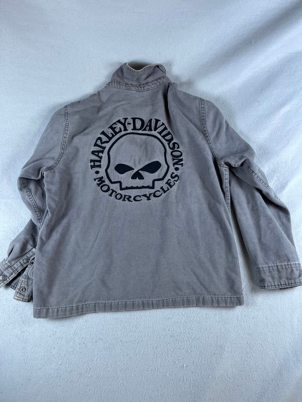 Harley Davidson Canvas Jacket Mens L Gray Skull Embroidered Flannel Lined Biker